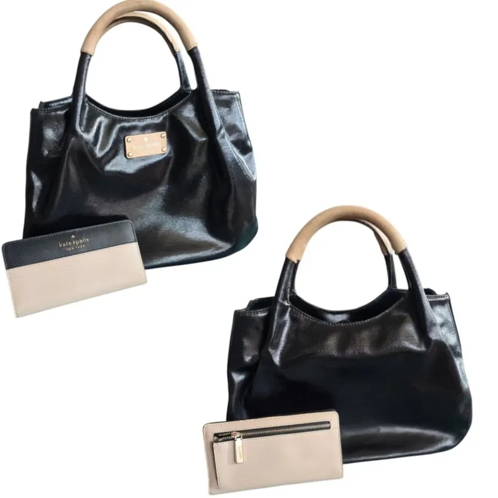 Kate Spade New York Black Satchel Bag & Wallet Twilly Handle Wraps Gold Hardware